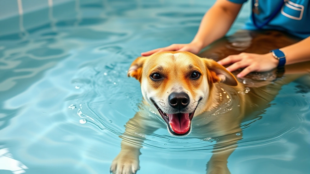 what can you give a dog for pain relief -
Photorealistic image of a dog swimming in a hydrotherapy pool with a certified 
