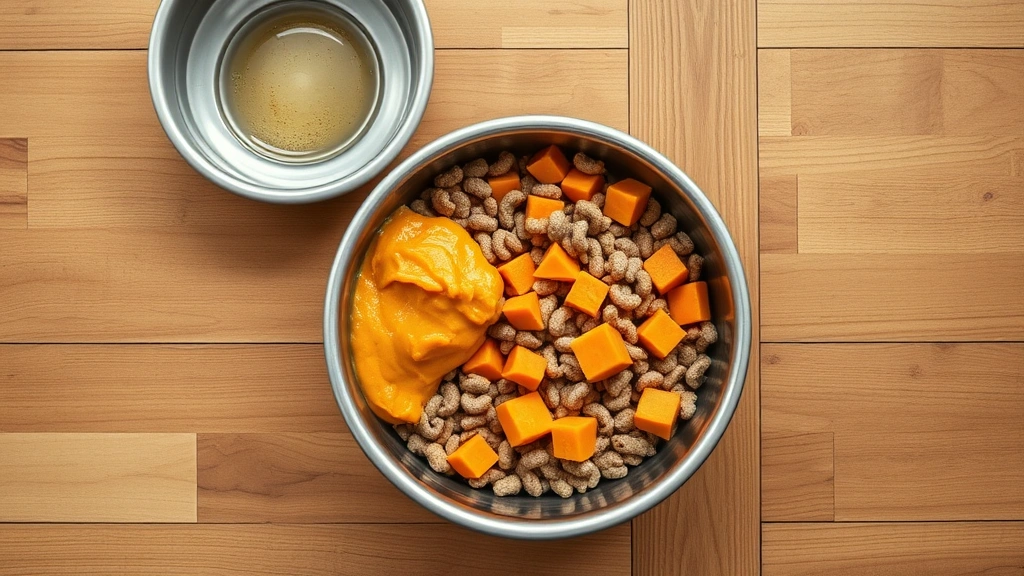 what can you give a dog that's constipated -
Photorealistic overhead shot of a dog food bowl containing pumpkin puree and pl