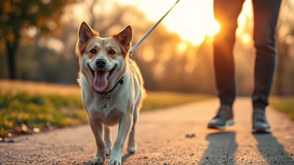 what can you give a dog that's constipated -
Photorealistic image of a happy medium-sized dog walking on a leash during gold