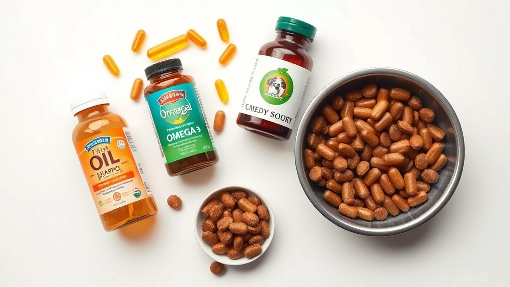 what can you give dogs for allergies -
Overhead shot of various dog allergy treatment options arranged on a white surf