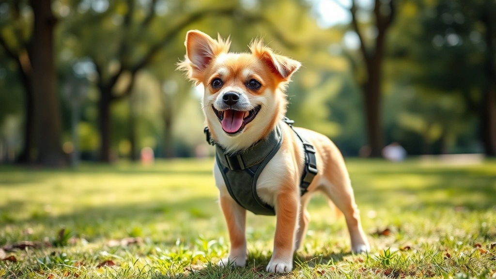 what causes a dog to cough -
Photorealistic outdoor scene of a small dog wearing a harness in a park, lookin