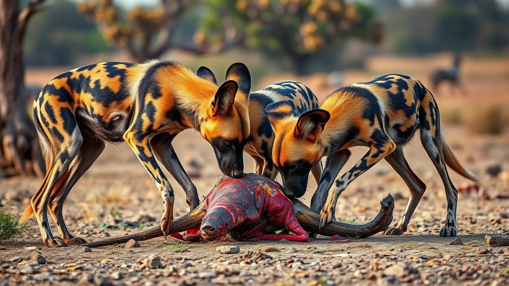 what do african hunting dogs eat -
African hunting dogs feeding on fresh prey kill in natural savanna setting with