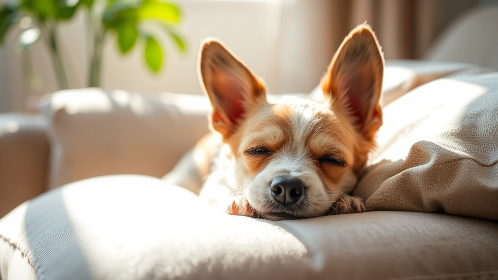 what do dogs dream about when they cry -
A small terrier napping on a comfortable cushion with a slight smile, afternoon