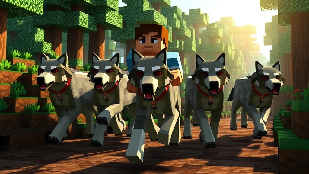 what do dogs eat in minecraft -
Photorealistic pack of five Minecraft wolves with red collars following a playe