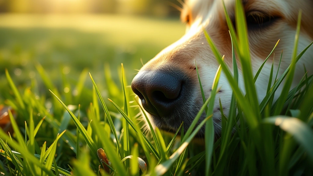 what do dogs think about -
Dog’s nose close-up sniffing grass in park, morning dew visible, photorea