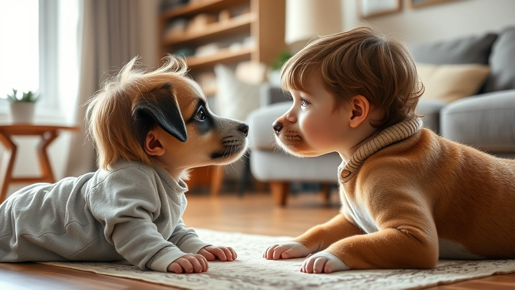 what do dogs think about -
Young child and dog making eye contact on living room floor, both focused on ea