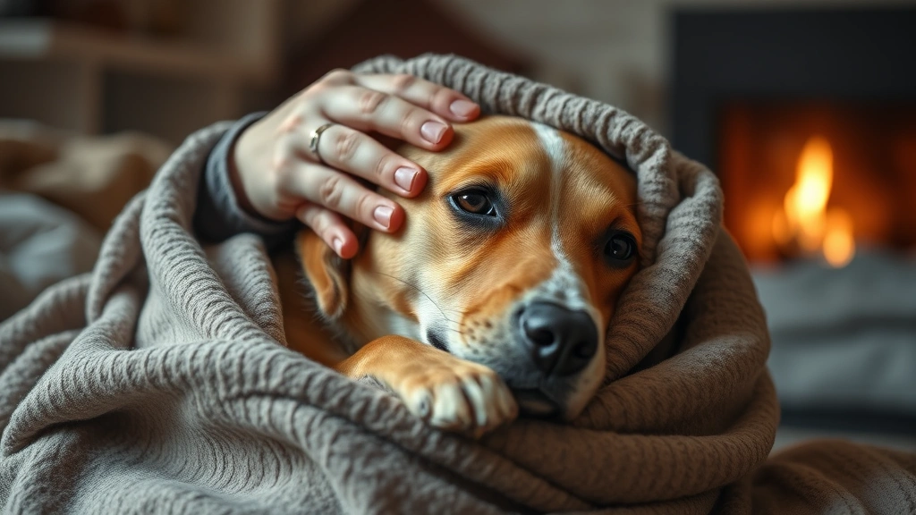 what do i do if my dog dies at home -
Photorealistic image of a person gently wrapping a dog in a cozy blanket with c