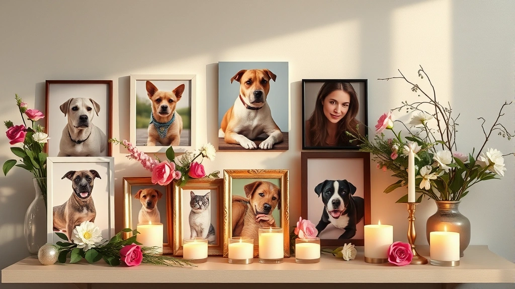 what do i do if my dog dies at home -
Photorealistic image of a memorial setup with dog photos, flowers, and candles 