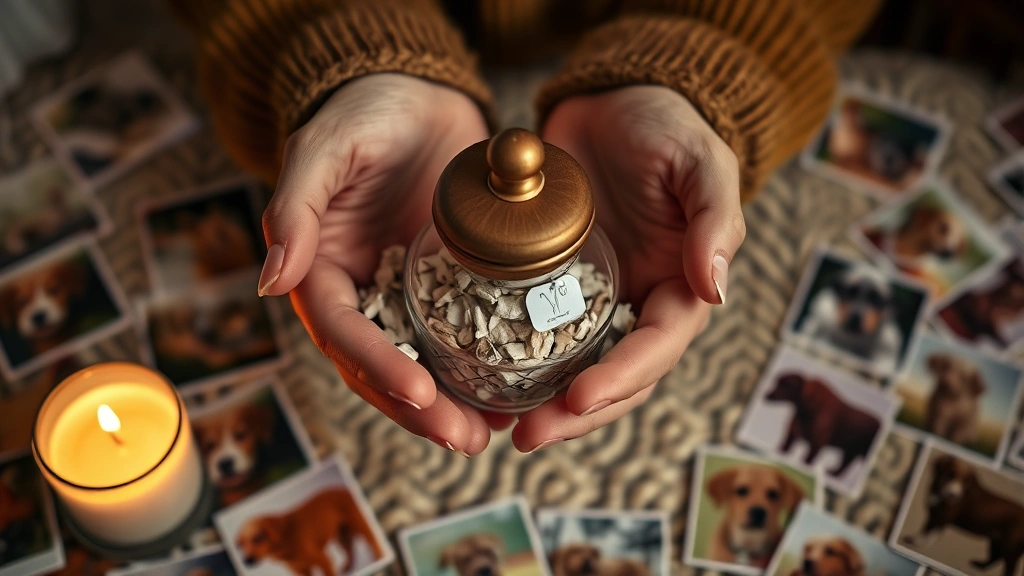 what do i do when my dog died -
Photorealistic close-up of hands holding a small decorative urn with dog ashes,