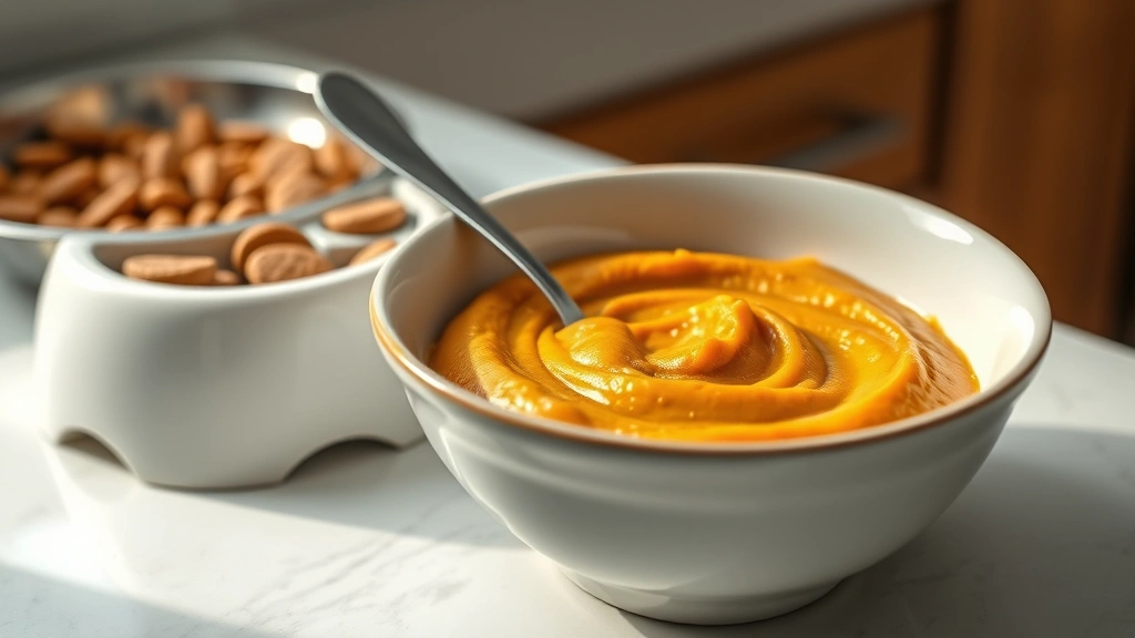 what do if your dog is constipated -
Photorealistic close-up of a ceramic bowl filled with plain pumpkin puree and a