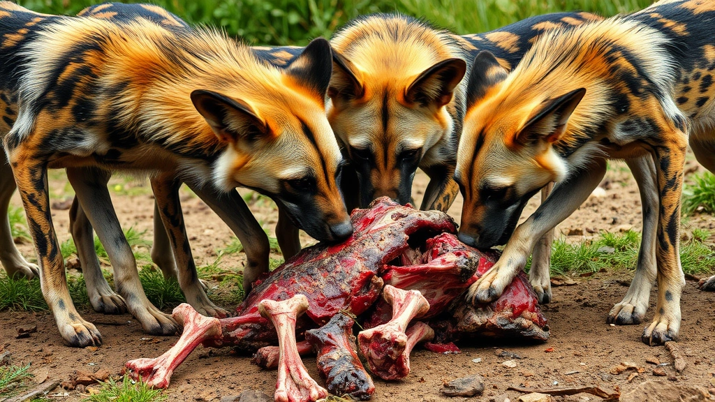 what do wild dogs eat -
Wild dog pack feeding on fresh kill with bones and meat visible, realistic pred