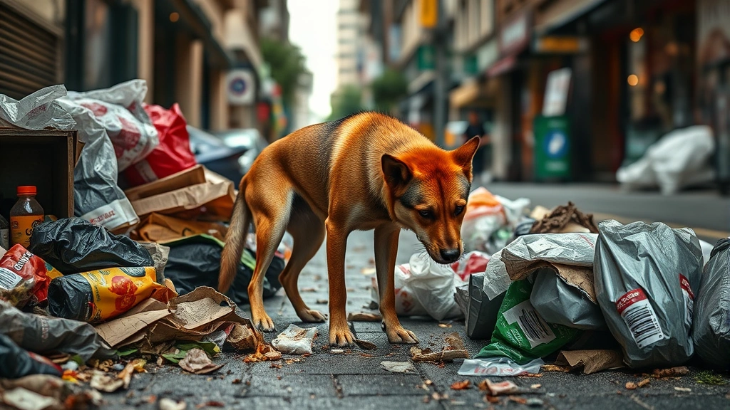 what do wild dogs eat -
Urban feral dog scavenging through garbage and food waste in city street, reali
