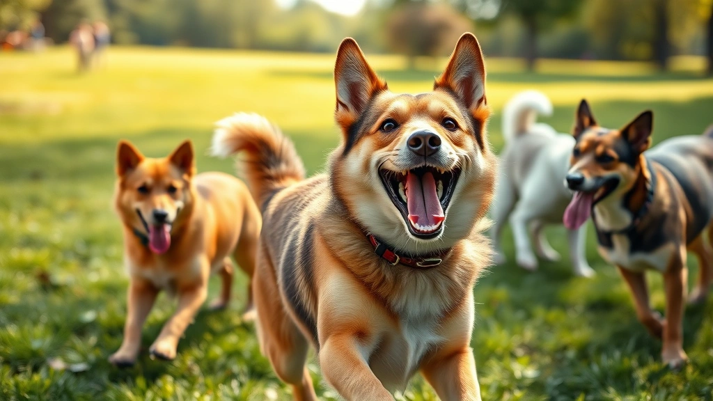 what do you call a male dog -
Photorealistic image of a male dog playing in a park with other dogs, joyful ex