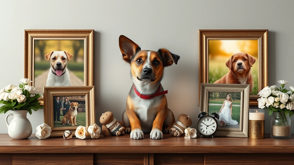 what do you do if your dog dies at home -
Photorealistic image of a pet memorial setup with framed photos

