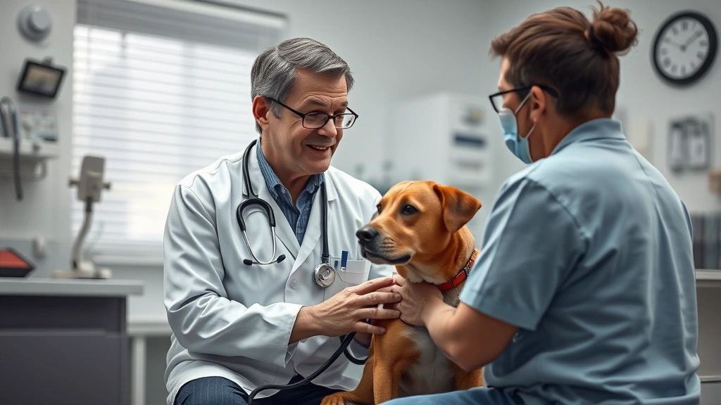 what do you do if your dog dies at home -
Photorealistic image of a veterinarian in a clinic speaking compassionately wit