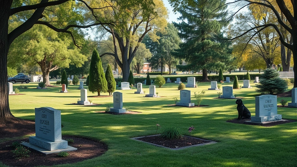 what do you do with your dog when it dies -
Photorealistic serene pet cemetery landscape with maintained grounds, trees, an