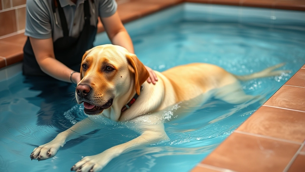 what do you give dogs for pain -
Photorealistic older labrador doing water hydrotherapy exercise in warm pool wi