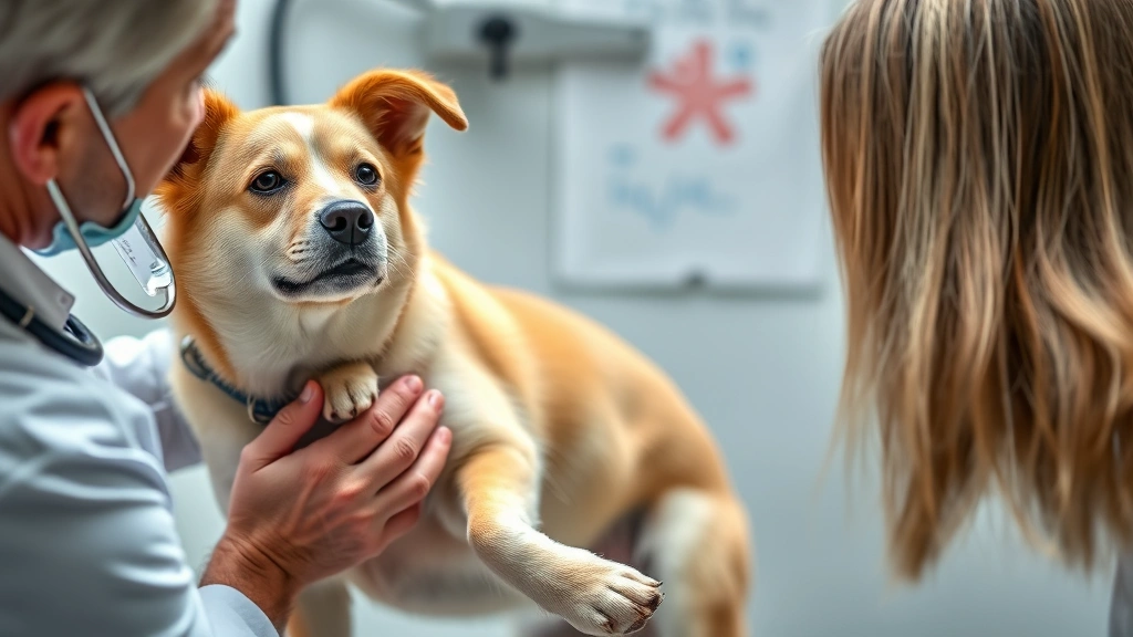 what do you give dogs for pain -
Photorealistic veterinarian examining painful joint of medium-sized dog during