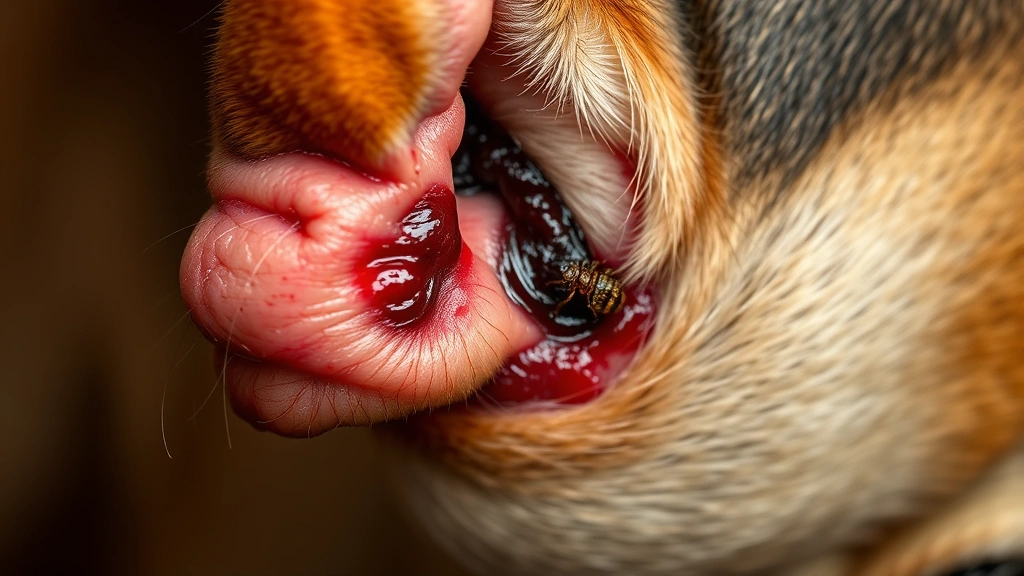 what does a dog with mites look like -
Photorealistic detailed view of a dog’s ear showing redness, dark waxy di