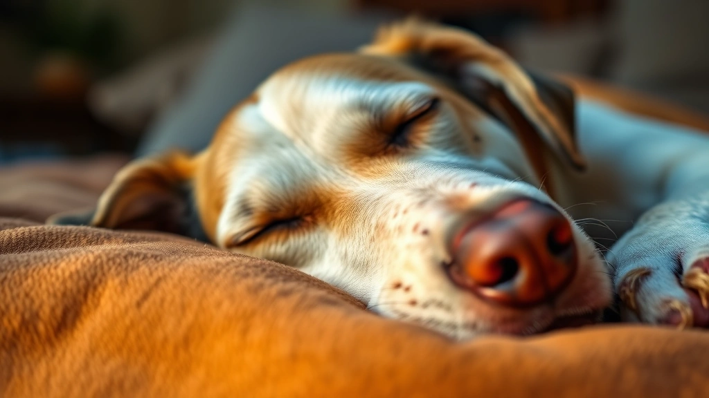 what does a dry nose on a dog mean -
Photorealistic image of a dog sleeping peacefully on a bed or couch, close-up o