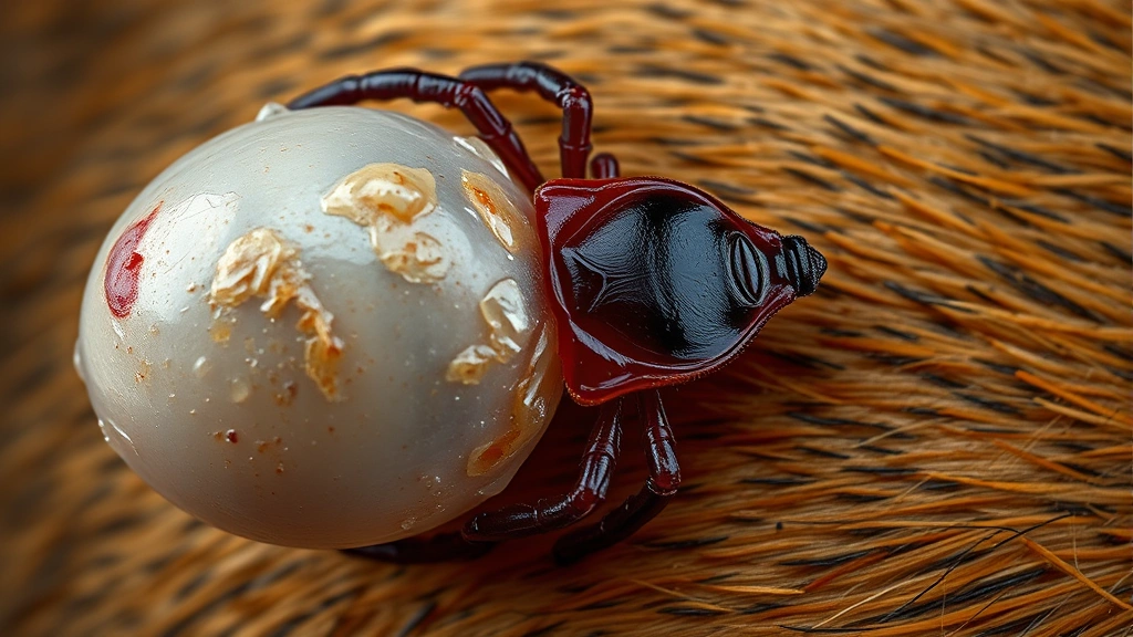 what does a tick look like on a dog -
Photorealistic detailed image of an engorged tick attached to dog skin, swollen