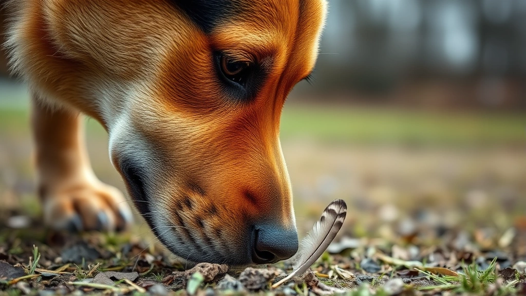 what does bird dogging mean -
Photorealistic close-up of dog’s face sniffing ground with bird feather v
