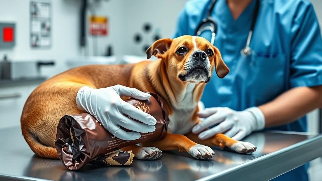 what does chocolate do to dogs -
Veterinarian examining a sick dog with chocolate wrapper on examination table,