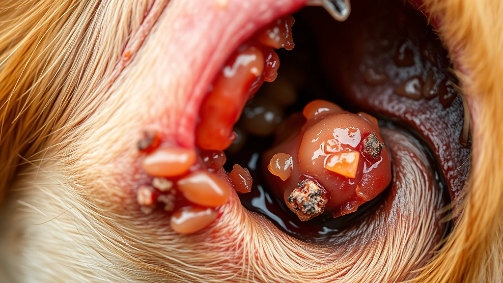 what does dog ear mites look like -
Detailed photorealistic macro view of inflamed dog ear tissue with crusty scabs