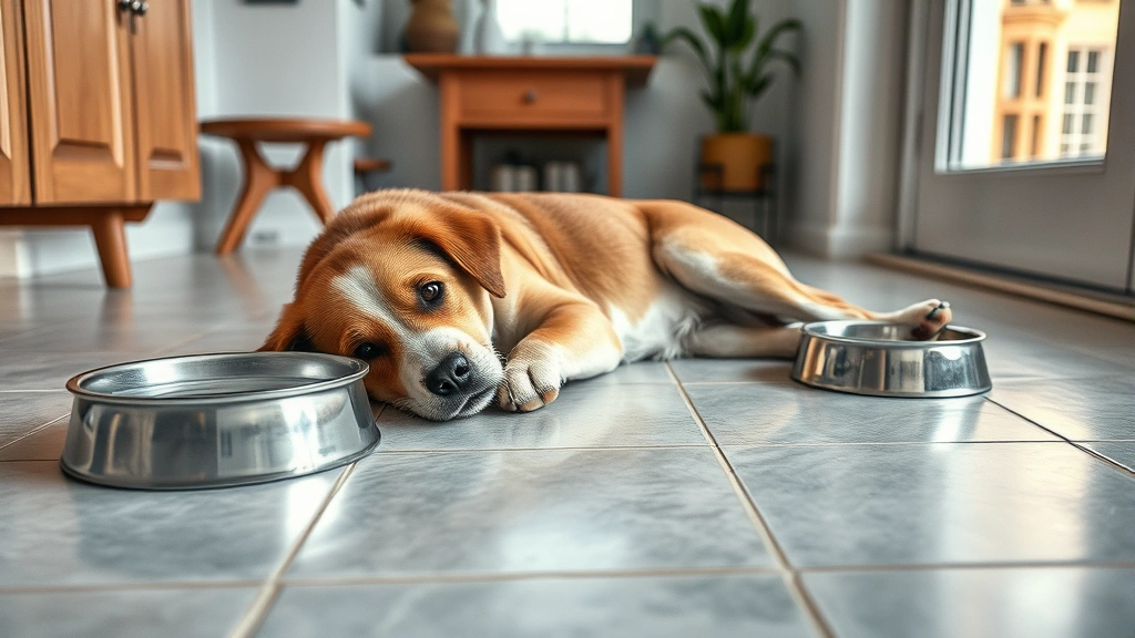 what does dog panting mean -
A dog resting on a cool tile floor indoors with a water bowl nearby, photoreali