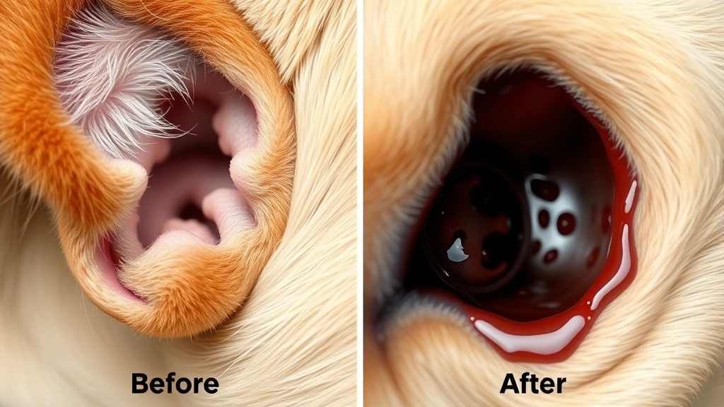 what does ear mites look like on dogs -
Photorealistic before-and-after comparison style image showing a healthy clean
