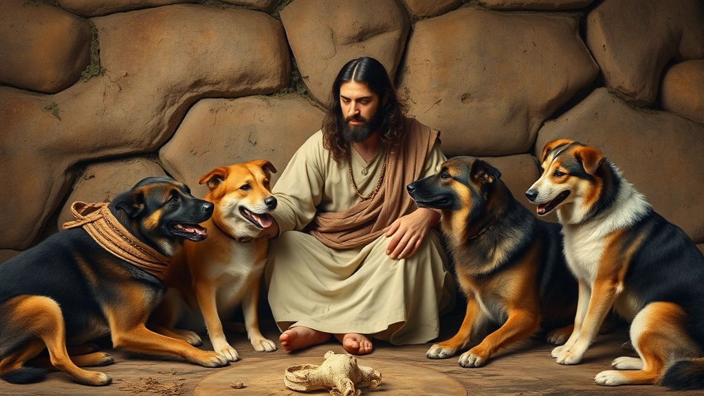 what does god say about dogs -
Jesus surrounded by faithful dogs in humble setting
