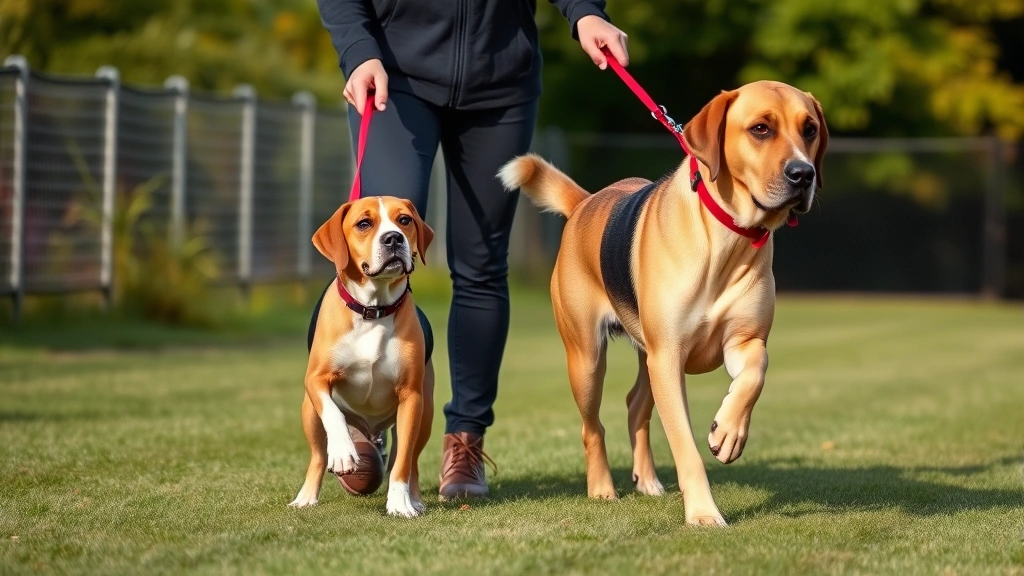 what does heel mean for a dog -
A small beagle and large Labrador both heeling correctly on either side of a tr