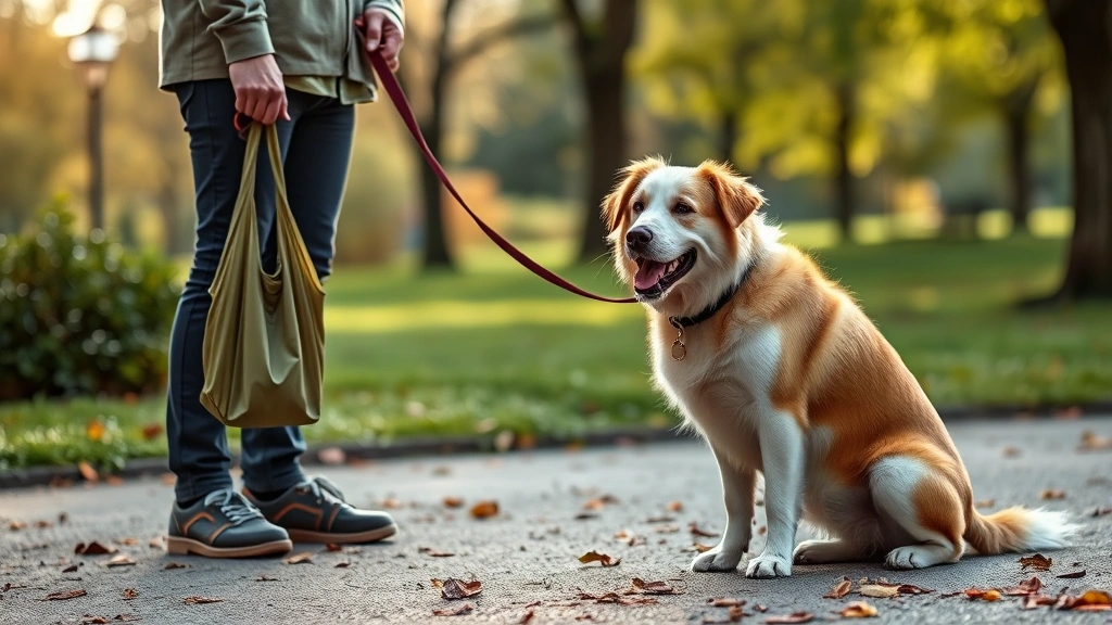 what does it mean to curb your dog -
Photorealistic image of a dog owner holding a poop bag while their dog is on a 