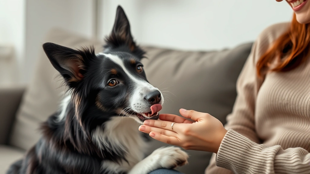 what does it mean when a dog licks you -
Photorealistic image of a curious black and white border collie licking the han