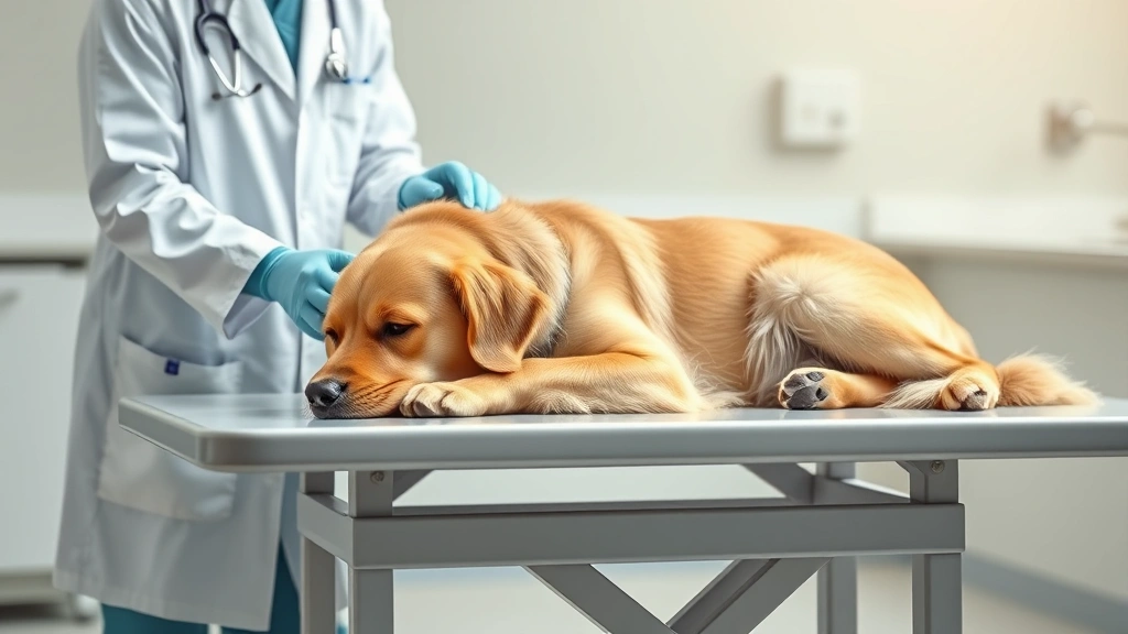 what does it mean when a dog poops blood -
Photorealistic image of a golden retriever lying on an examination table at a v