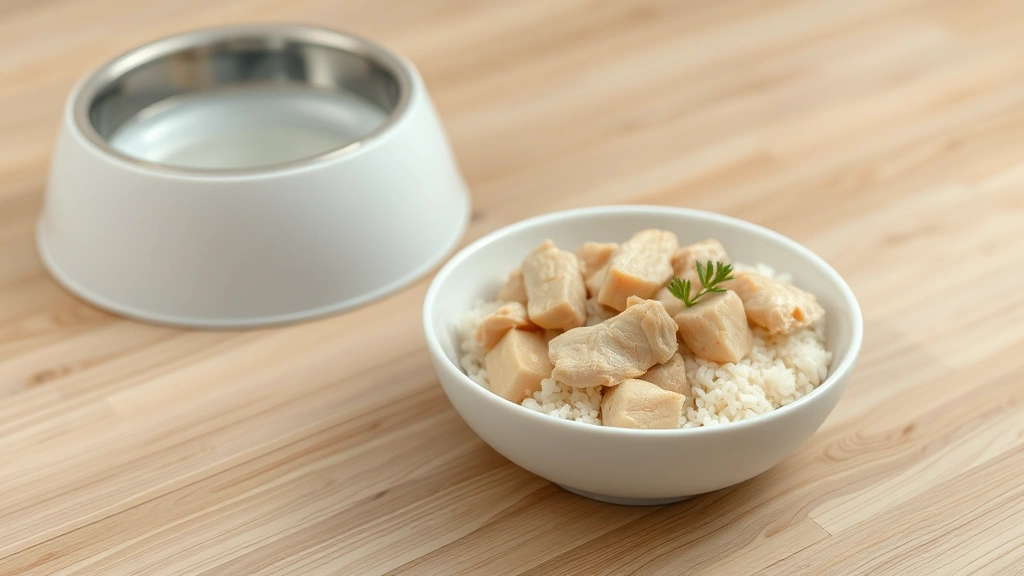 what does it mean when a dog poops blood -
Photorealistic image of a bowl of plain boiled chicken and rice on a wooden flo