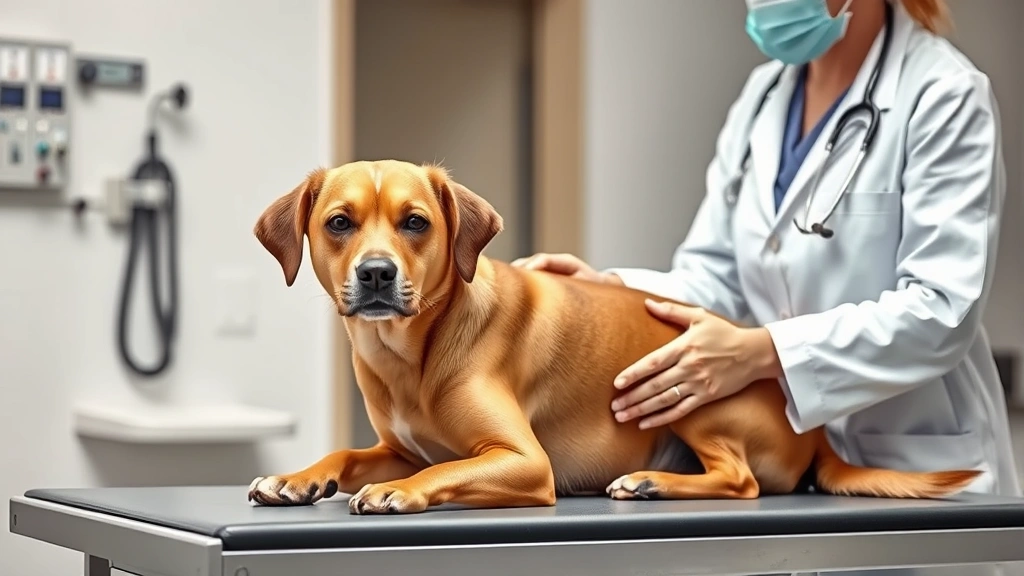 what does it mean when a dog throws up yellow -
Photorealistic image of a veterinarian in white coat examining a medium-sized b