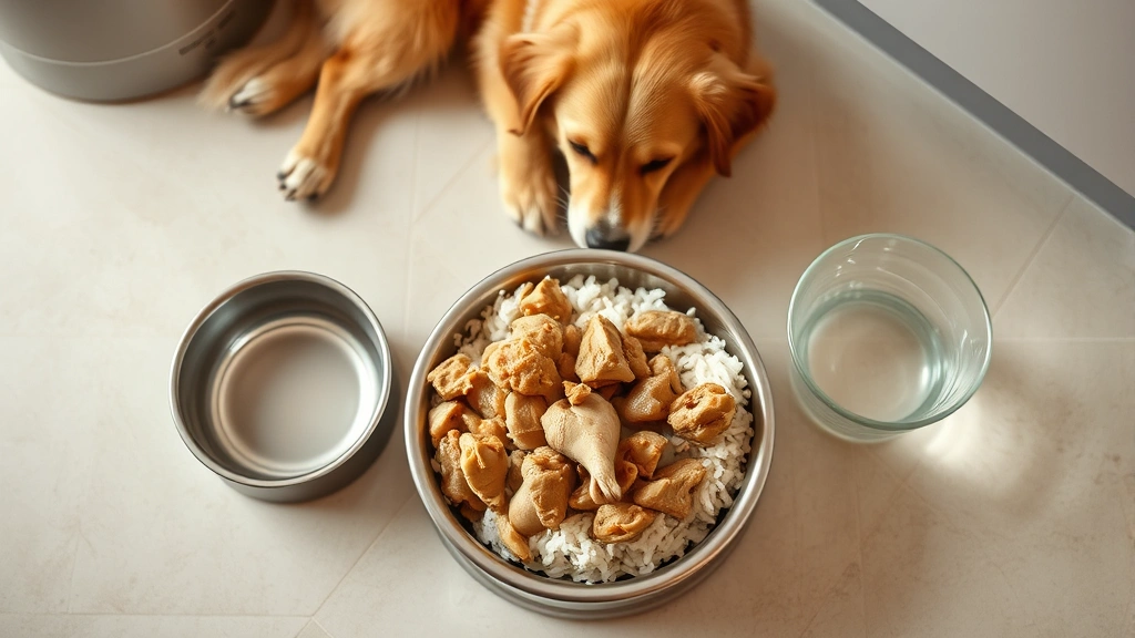 what does it mean when a dog throws up yellow -
Photorealistic overhead shot of a dog food bowl with bland boiled chicken and w