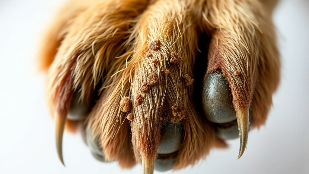 what does ringworm look like on dogs -
Photorealistic detailed view of a dog’s paw pad with crusty