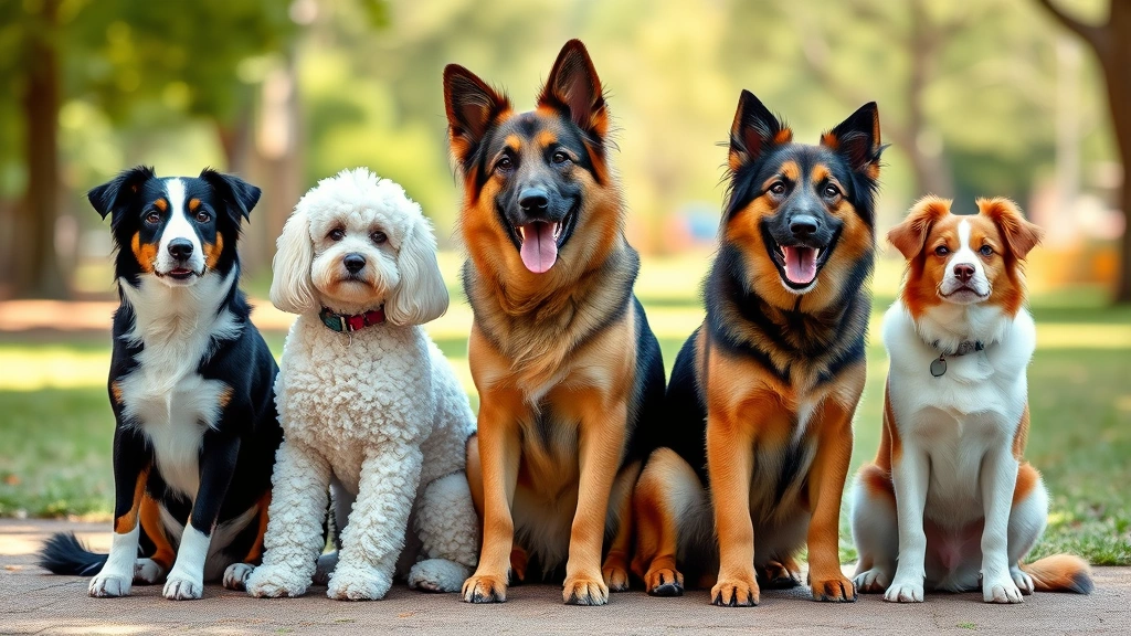 what dog breed is the smartest -
Group of five different dog breeds sitting together – Border Collie, Pood