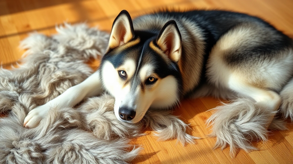 what dog breed sheds the most -
Photorealistic Siberian Husky lying on hardwood floor surrounded by loose fur a