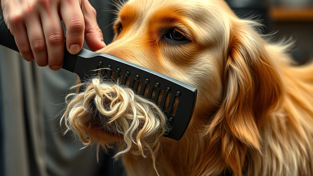 what dog breed sheds the most -
Photorealistic groomer using undercoat rake on Golden Retriever, large clumps o