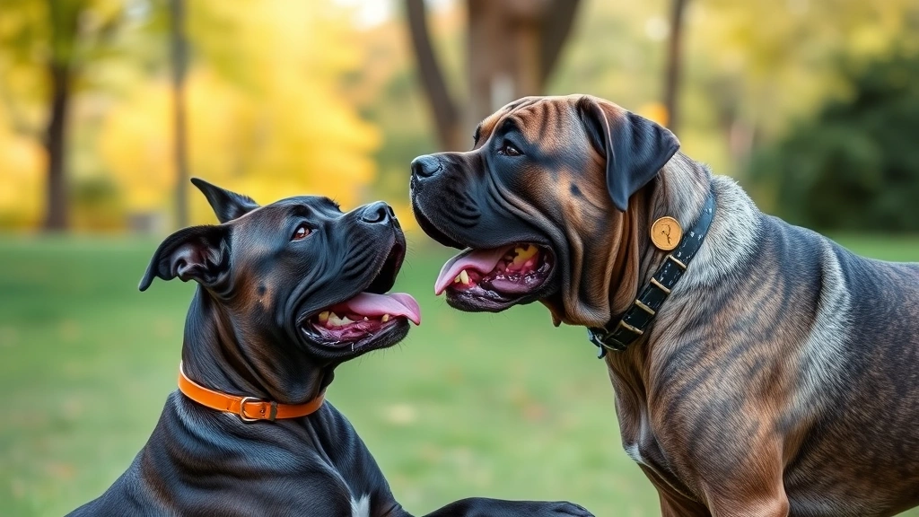 what dog has the strongest bite -
Cane Corso and English Mastiff playing together in a park