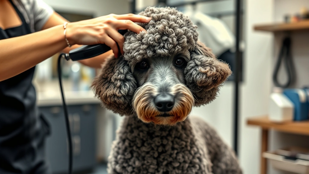 what dogs don't shed -
Photorealistic image of a Standard Poodle in a grooming salon being brushed by