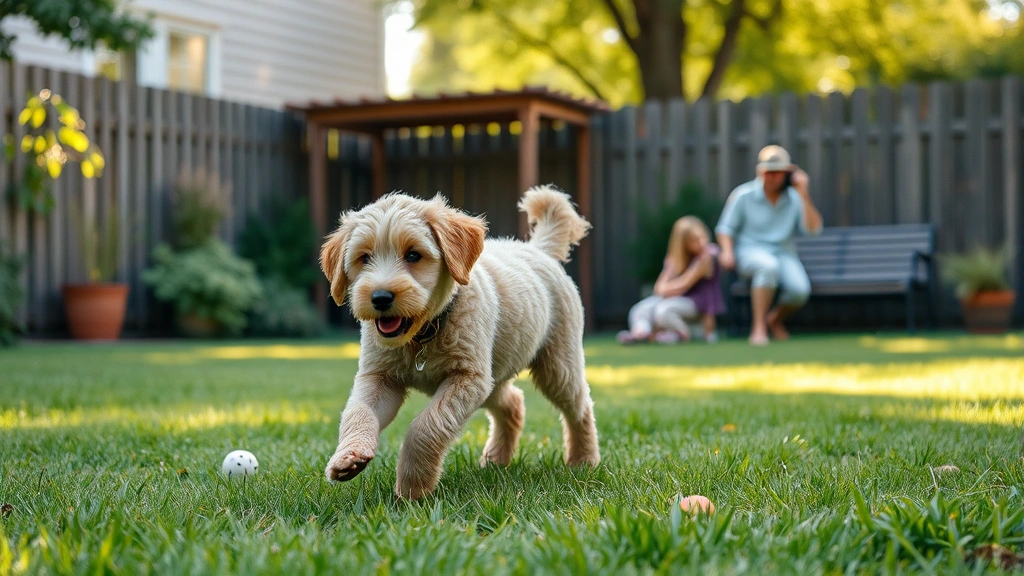 what dogs don't shed -
Photorealistic image of a Labradoodle playing in a grassy yard with a family