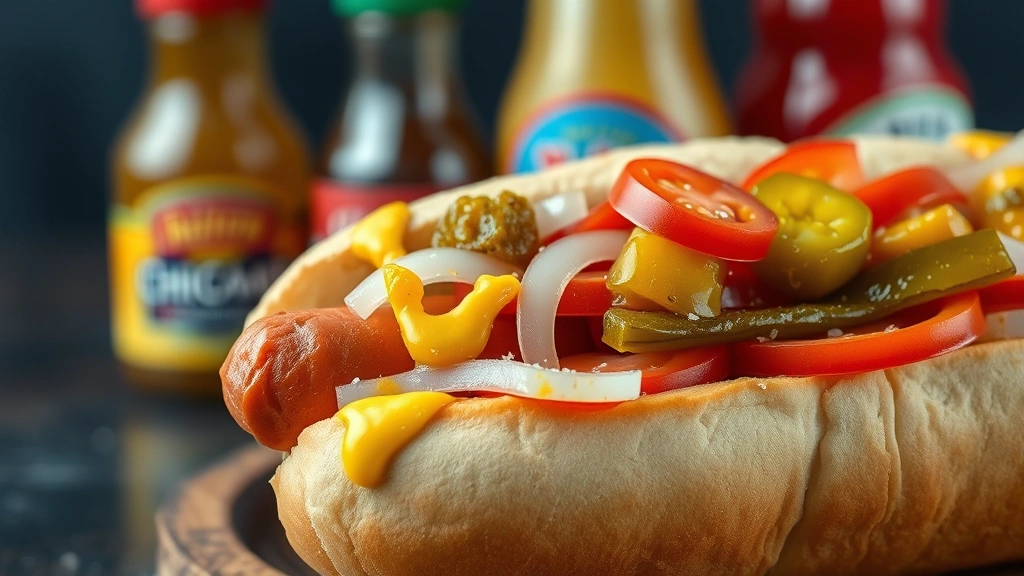 what goes well with hot dogs -
Photorealistic close-up of a Chicago-style hot dog with mustard, relish, tomato