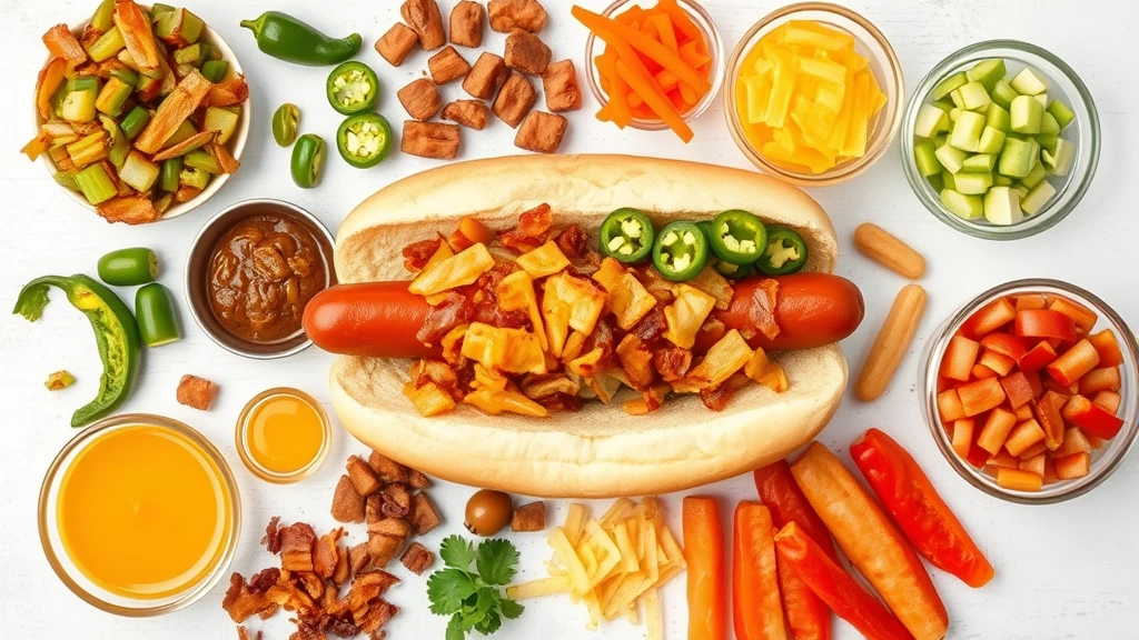 what goes well with hot dogs -
Photorealistic flat lay of hot dog toppings and sides including sautéed peppers