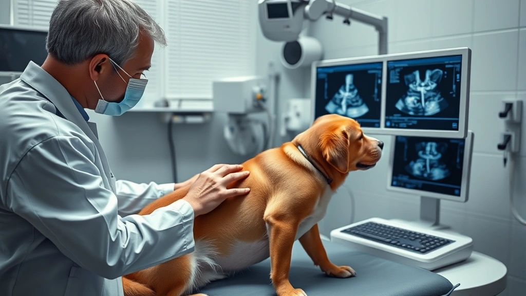 what happens if a dog eats a chicken bone -
Photorealistic veterinary examination room scene showing a vet using ultrasound