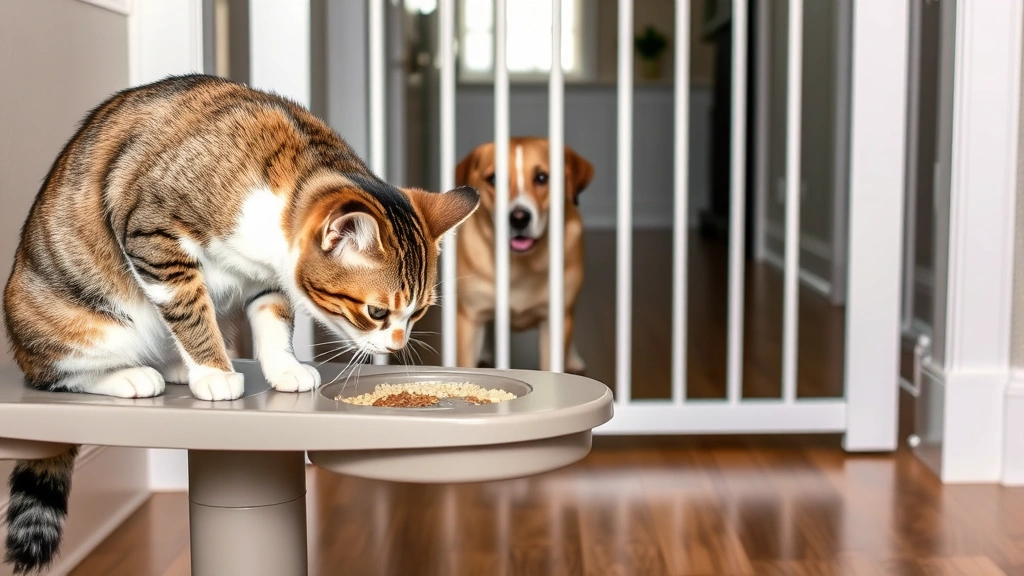 what happens if a dog eats cat food -
A tabby cat eating from an elevated feeder while a dog watches from behind a ba