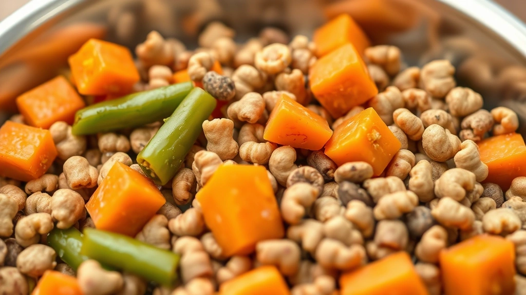 what helps a constipated dog -
Close-up of dog food bowl with fresh pumpkin puree, carrots, and green beans mi